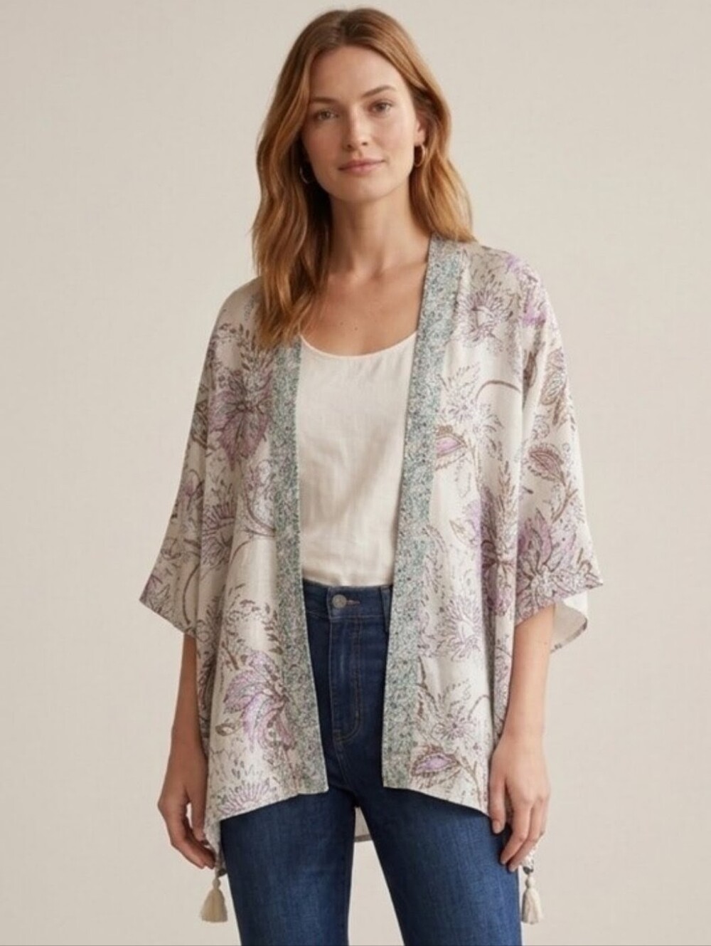 J. Jill White Floral Printed Kimono Topper With Tassels Cotton Modal Size S-L